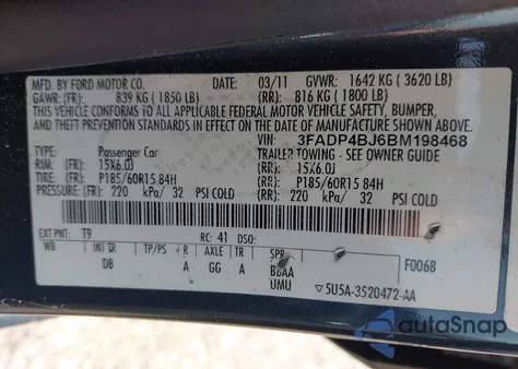 2011 Ford Fiesta Se z USA, uszkodzony, nr VIN 3FADP4BJ6BM198468